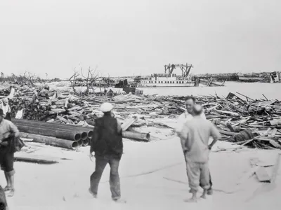A scene of the wreckage left behind by a hurricane that swept through the Florida Keys in 1935.