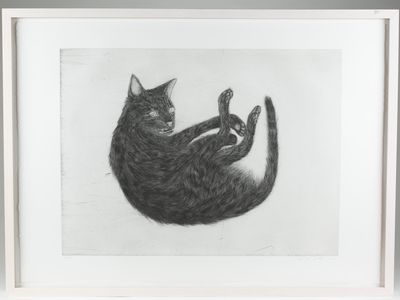 "Ginzer"
Kiki Smith, 2000
Aquatint, drypoint, and burnishing etching on paper.

Smith placed the corpse of her cat on the plate and traced the outline to produce the image of the etching before burying him to create the etching.