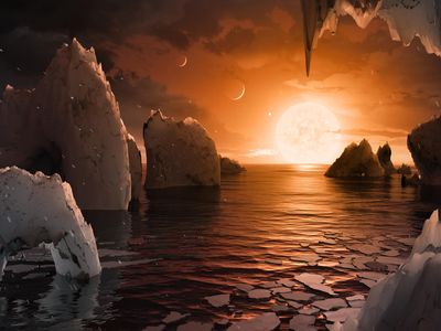 An illustration of what the surface of exoplanet TRAPPIST-1f could look like if it had liquid water