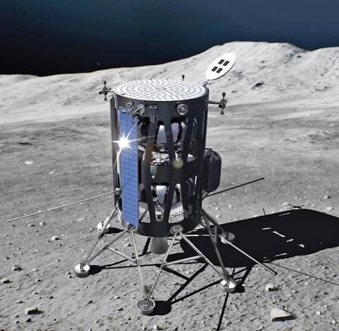 Concept art of the Nova-C lander being developed by the company Intuitive Machines. The vertical, cylindrical structure is depicted sitting on the surface of the Moon, supported by six legs.