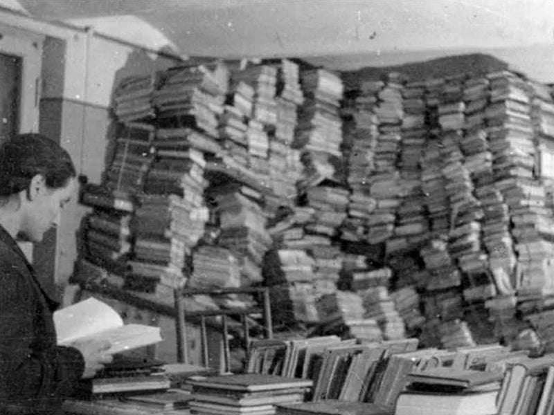 Room filled with looted books in Riga, Latvia