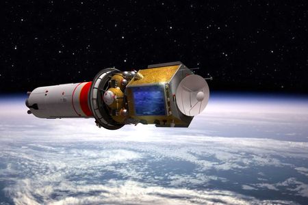 A rendering of the Hope probe leaving Earth