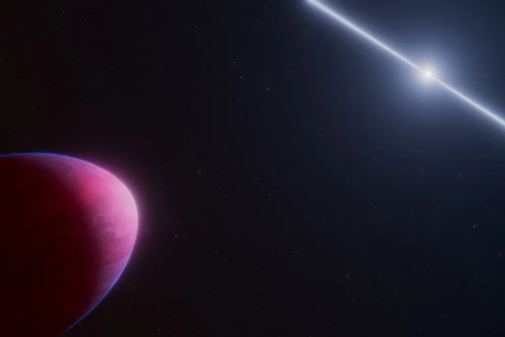a lemon-shaped red planet on the left, a bright object with two jets of light on the right