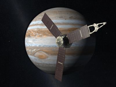 An artist's rendition of what the Juno spacecraft will look like as it flies by Jupiter