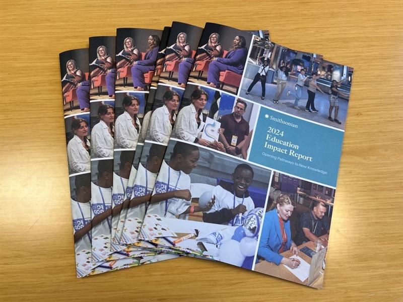 Seven copies of the Impact Report are fanned out on a wood table.