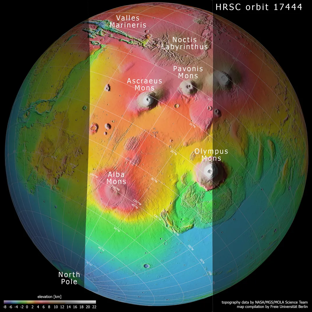 A map of Mars' Tharsis region, featuring some of its largest volcanoes.