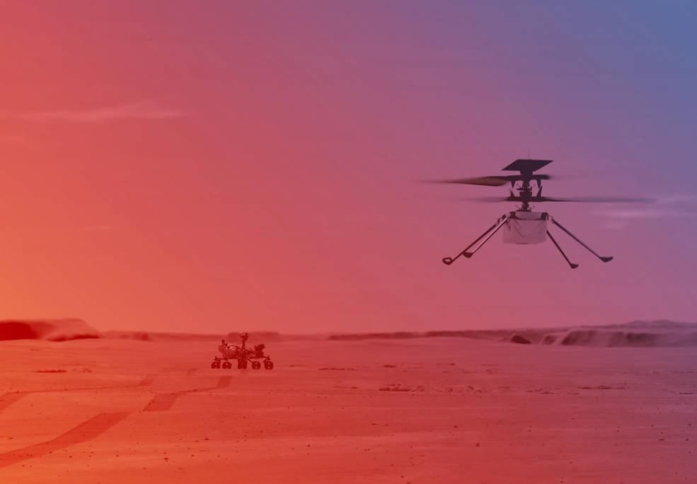 An illustation of NASA's Ingenuity Mars Helicopter flying on Mars. The Preserverence Rover awaits in the background 