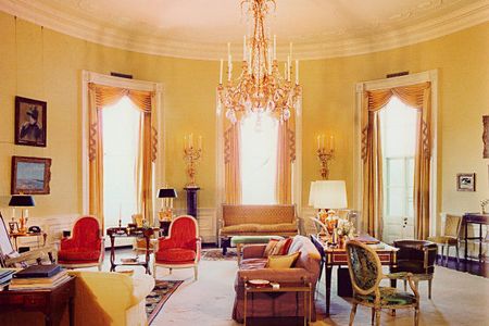 The White House's <a href="http://www.whitehousemuseum.org/floor2/yellow-oval-room.htm>Yellow Oval Room, which Parish redesigned, is often used for formal private receptions. Its furnishings are still in the Louis XVI style today.