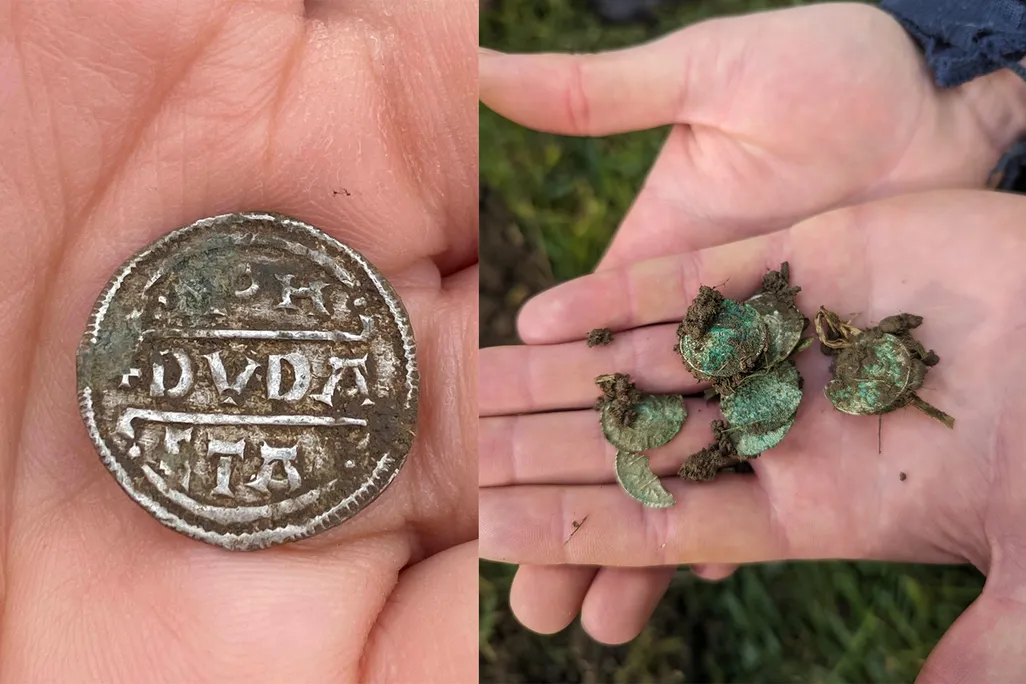A ninth-century silver coin (left) and a group of eight coins (right) found in Bickmarsh, a village in Worcestershire, England
