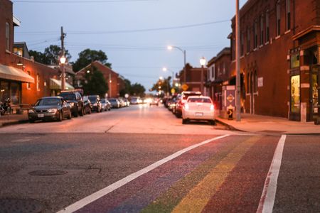 A rainbow-colored crosswalk in St. Louis, Missouri.