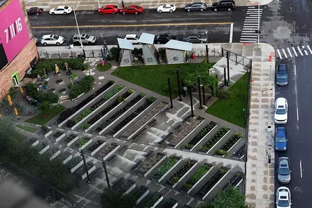 In downtown Detroit, Lafayette Greens is an urban garden and public green space where visitors can watch live music, enjoy local art installations, and take community yoga classes, all while watching butterflies flit from plant to plant.