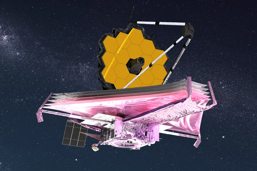 Artist conception of the James Webb Space Telescope against black backdrop