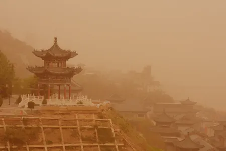 View of ancient buildings in a sandstorm in Lanzhou city, northwest Chinas Gansu province, 24 April 2014