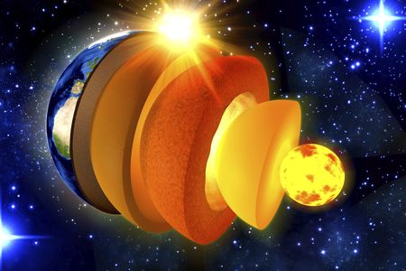 An artist&#39;s rendition of a cross-section of Earth. The innermost layer, the inner core, is a 1,500-mile-wide ball of iron.