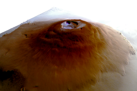 A simulated perspective of Olympus Mons, the tallest volcano in the solar system, with water frost at its peak.