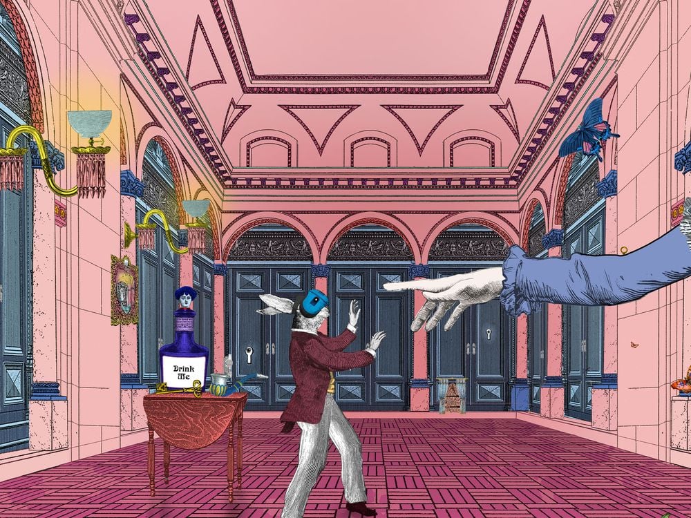 A white rabbit in a maroon topcoat wanders with hands oustretched in an ornate pink hall, wearing a VR headset; behind the rabbit, a table with a potion labeled DRINK ME; nearby, a large disembodied outstretched hand points at the rabbit