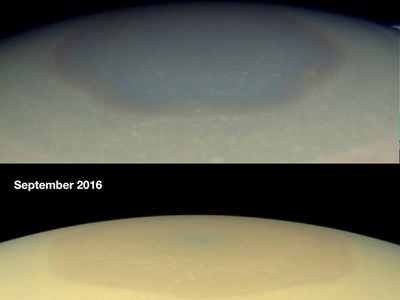 Two natural color images from NASA's Cassini spacecraft show the changing appearance of Saturn's north polar region between 2012 and 2016.