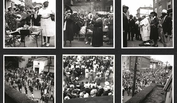 Grid of six black-and-white photographs of a crowded outdoor event.