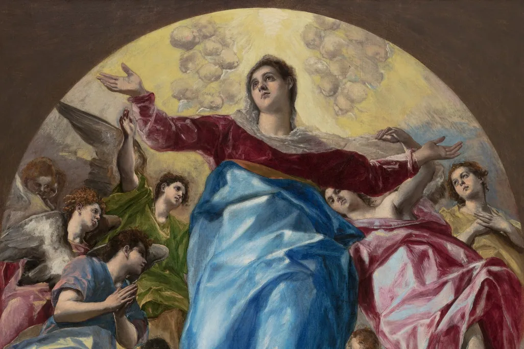A Madonna wears a bright blue dress and stands on a sliver of a moon, rising up through a crowd of angels and people watching her in awe