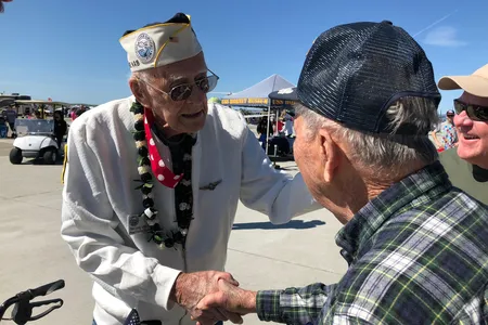 Last March, Don Long (left) shook hands with Pat Patteson at the Travis Air Force Base airshow in California. The World War II veterans both had experiences in PBY Catalinas in the Pacific and flew PV-1 Venturas but didn’t cross paths until at the show they visited another airplane they both flew, Taigh Ramey’s PV-2 Harpoon. Ken Terpstra, a volunteer at the Stockton Field Aviation Museum was delighted to see the encounter.
