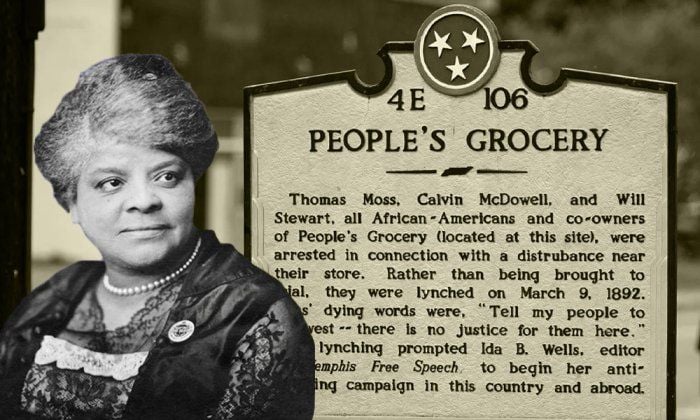 Ida B. Wells in front of a sign for People's Grocery