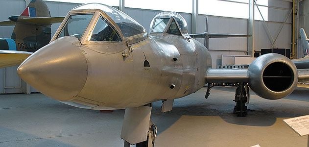 The prone-pilot Gloster Meteor testbed, couch included, is on permanent R&R at Britain's Royal Air Force Museum Cosford.