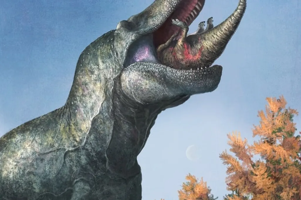 A T. rex with lips consumes a smaller dinosaur