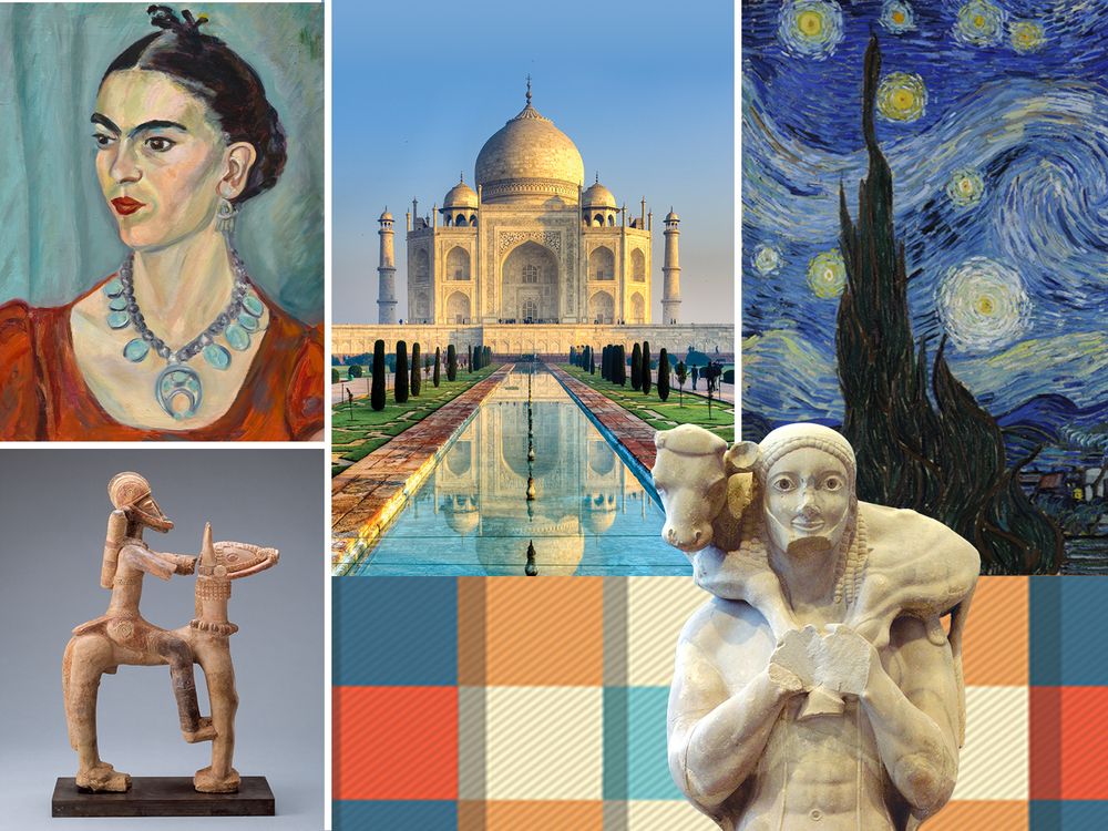 A variety of art images appear in a collage including a portrait of a woman in a red dress, a nightscape, a large marble domed building, an equestrian state and a statue of a man holding a calf on his shoulders