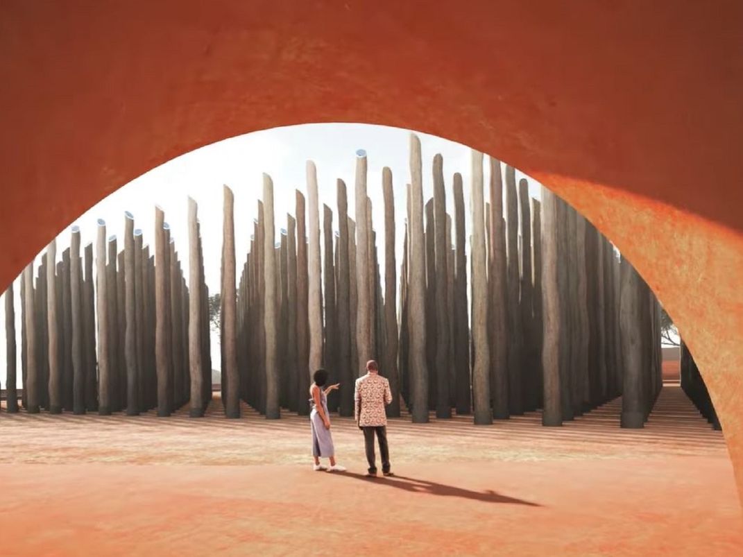 Rendering showing two people observing the vertical poles representing enslaved workers found at the burial site