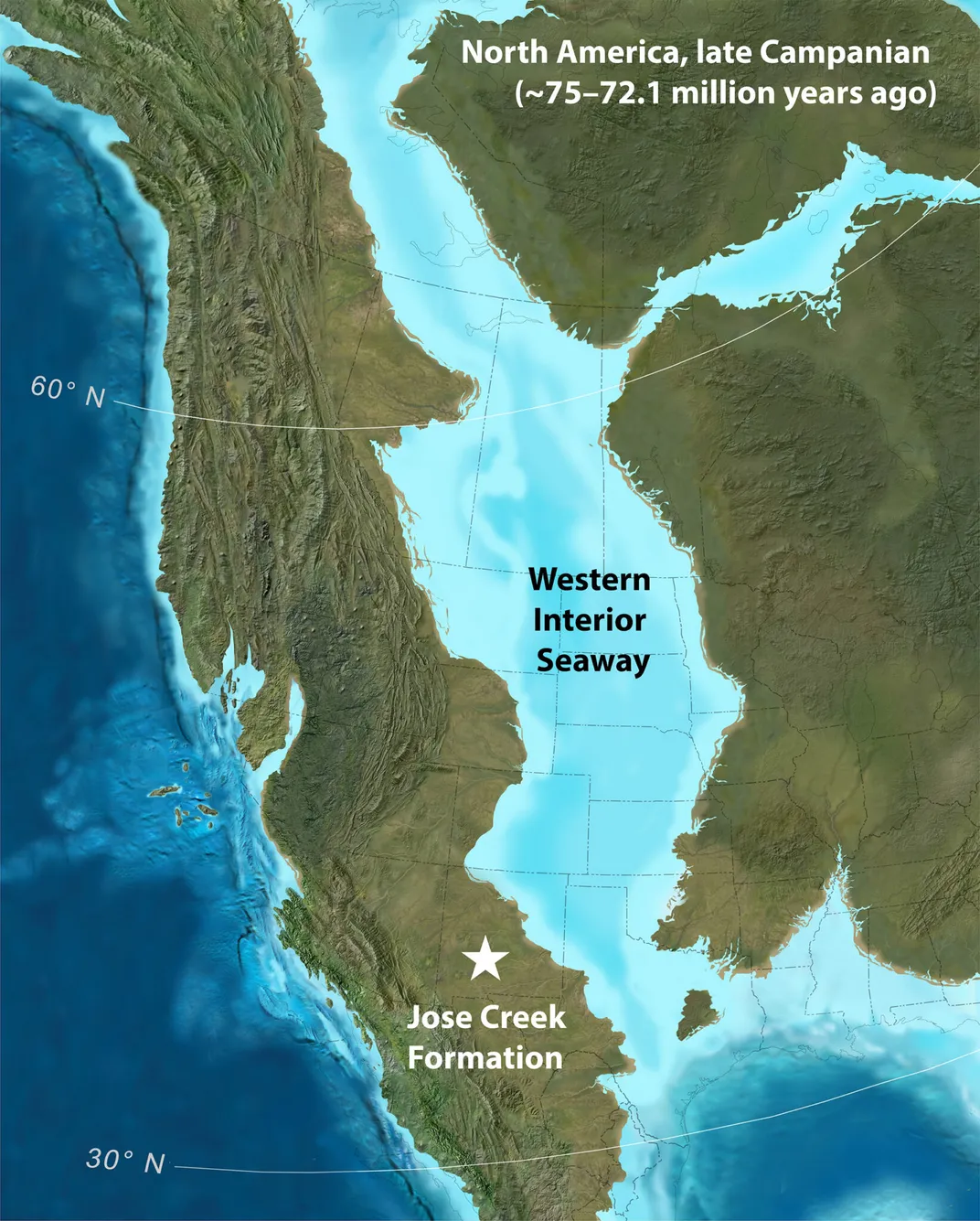 A map of North America with a body of water running down the middle of it