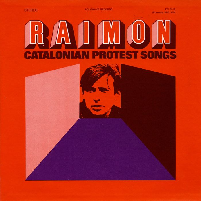 Red album cover with artist name, Raimon, in block letters. Below, the album title: Catalonian Protest Songs. A two-tone portrait of the artist is in the center.