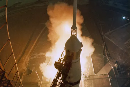 The ninth Saturn V lifts off in January 1971 to start the Apollo 14 mission. The first people to ride the mighty booster were the Apollo 8 crew in December 1968. Recalled Bill Anders, “It felt to me on the first stage ride like an old freight train going down a bad track.”
