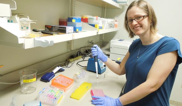 Katrina Lohan analyzes parasite DNA in SERC’s Ecological Genomics Core. The results help detect parasites infecting oysters or lurking the ballast water of large ships. (Credit: Kristen Minogue/SERC)