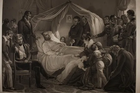 An 1843 aquatint by Jean-Pierre-Marie Jazet, after a painting by Carl von Steuben, depicts Napoleon Bonaparte in his final moments.
