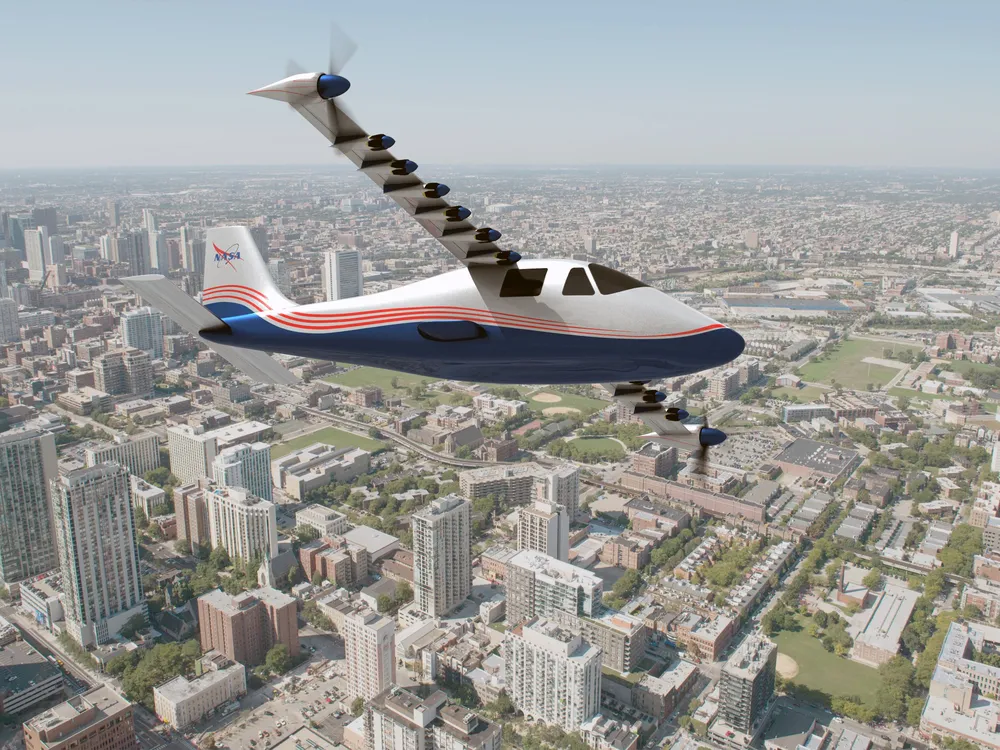 a plane with 7 motors on each wing flies over a city