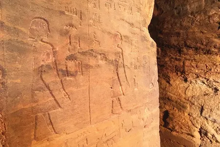 Hieroglyphs line the walls in a shrine
to the goddess Hathor at Serabit el-Khadim. 

