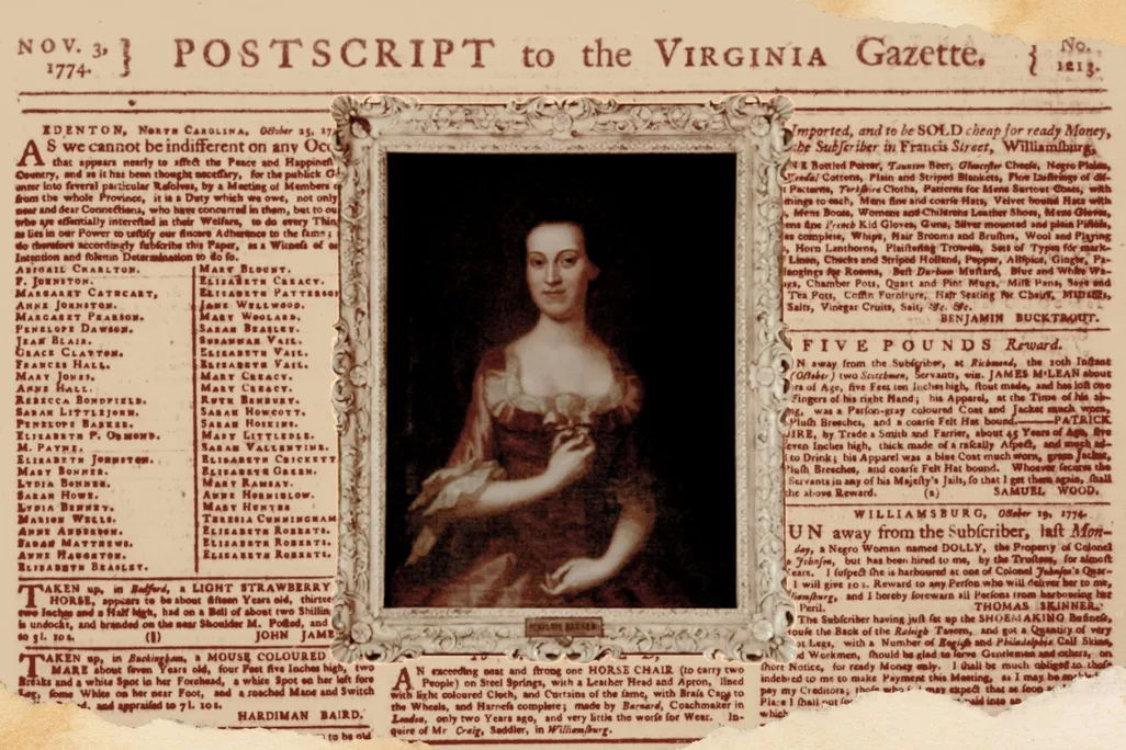 Illustration of Penelope Barker in front of a newspaper article about the petition