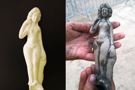 The white pipeclay Venus statuette before (right) and after (left) cleaning
