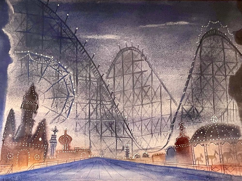 A blue and brown watercolor showing a roller coaster and other carnival attractions