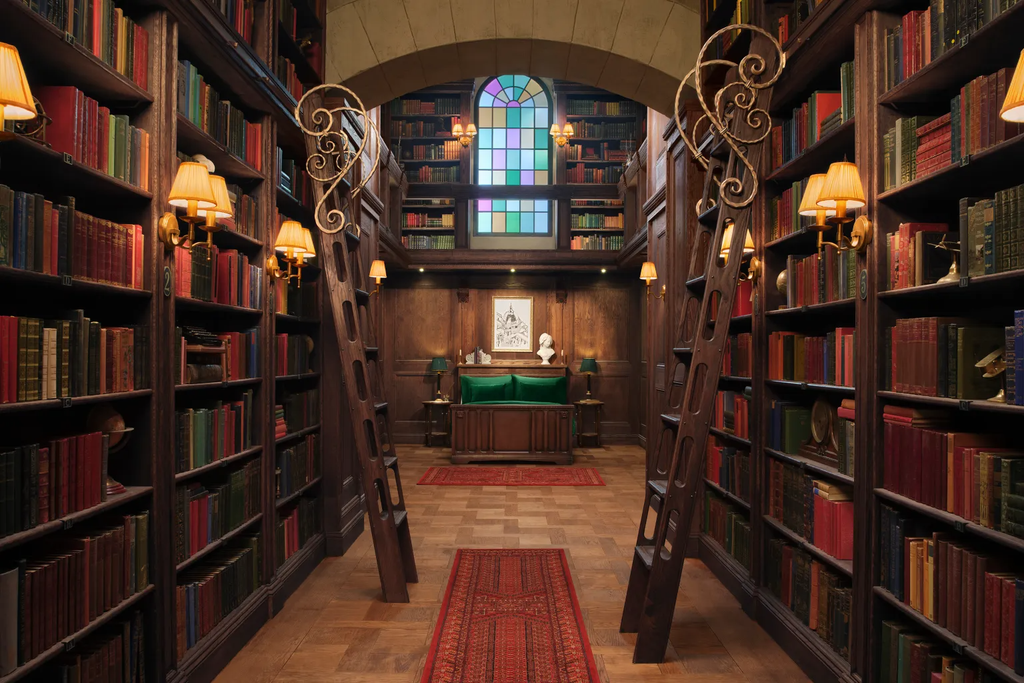 Row of library shelves with a bed in the background