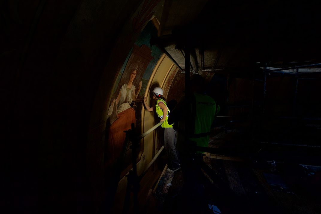 Restoration Artisan Working on a Michigan State Capitol Dome Mural
