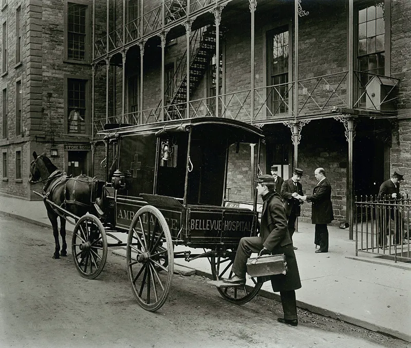 A horse-drawn ambulance outside of Bellevue Hospital in New York City in 1895