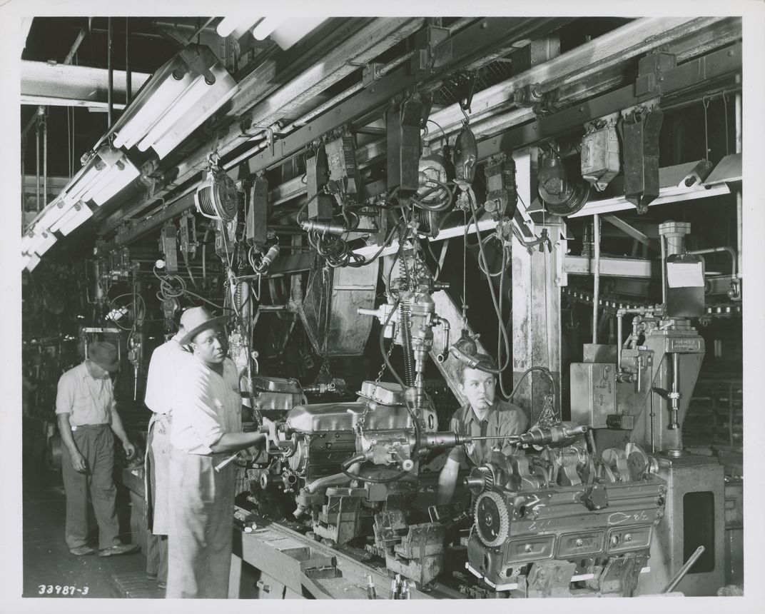 Overhead conveyors on the engine assembly line at the River Rouge plant in 1948
