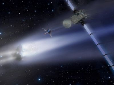 An artist's impression shows the Rosetta and its lander approaching a comet as it comes alive from the sun's heat.