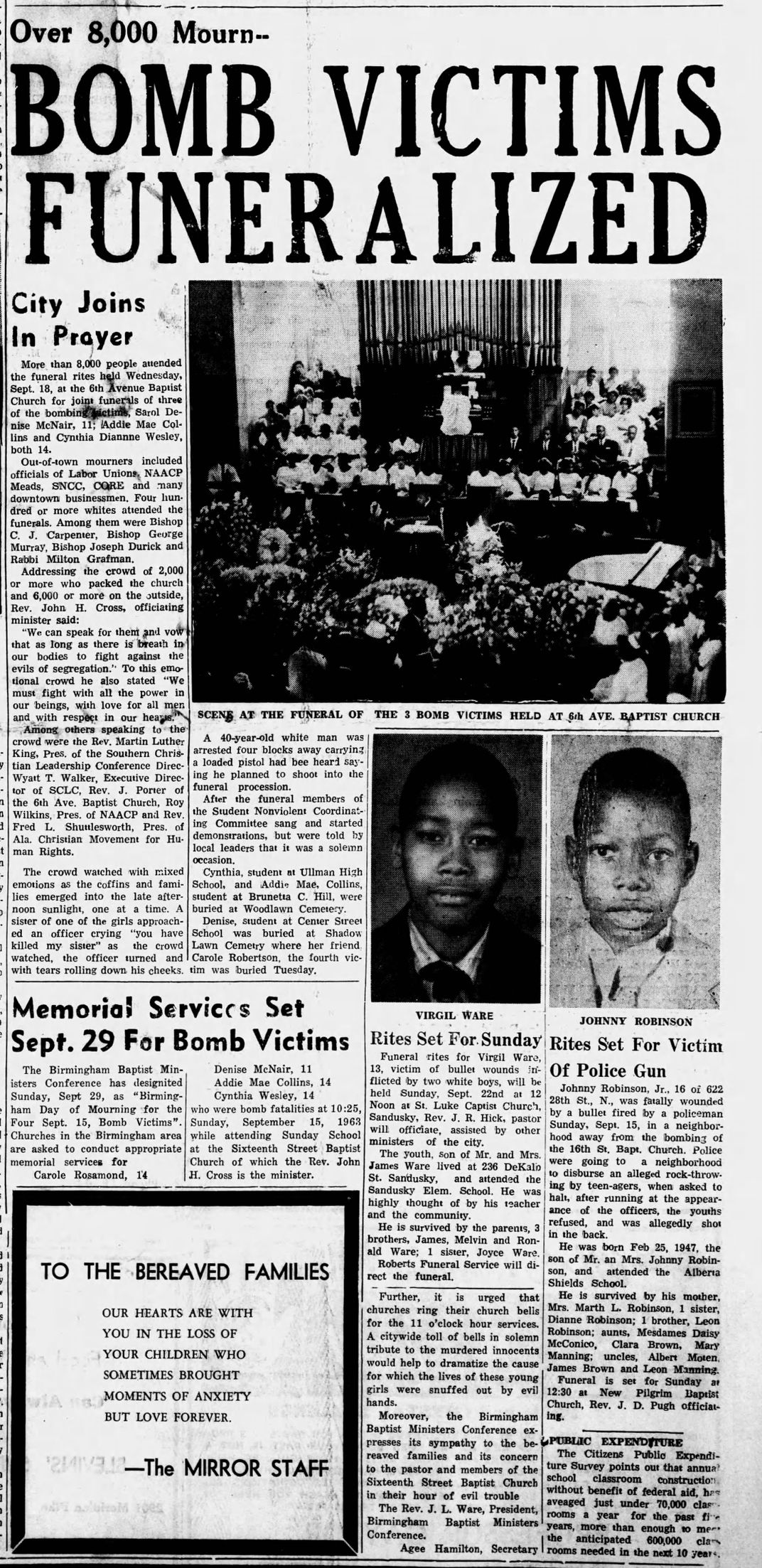 Newspaper coverage of the funeral services for the Birmingham church bombing victims, as well as rites planned for Ware and Robinson