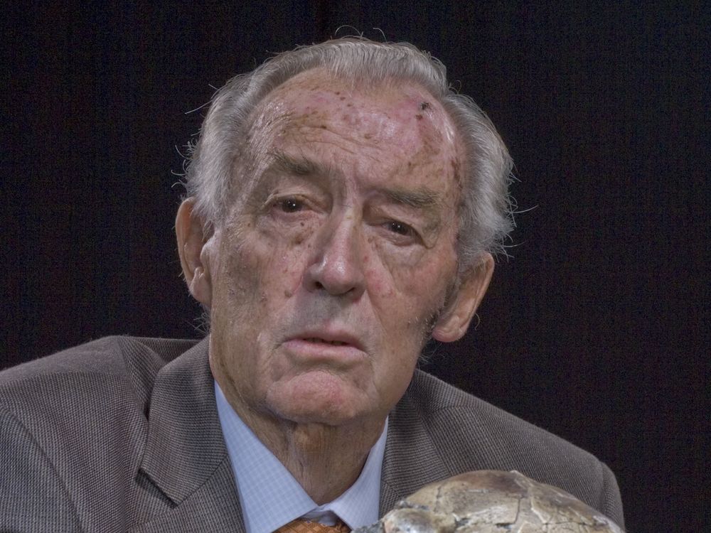 An image of paleoanthropologist Richard Leakey holding a cast of an early hominid skull