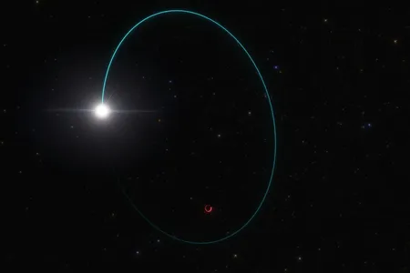 An artist&#39;s illustration of Gaia BH3 and its companion star&#39;s &quot;wobbling&quot; orbit.