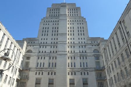 The University of London's Senate House inspired Orwell's description of the Ministry of Truth. Orwell's wife Eileen Blair worked in the building during World War II, when it was the real headquarters of the Ministry of Information.