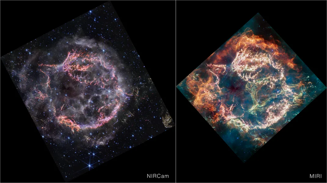 A side-by-side comparison of two images of the same supernova remnant