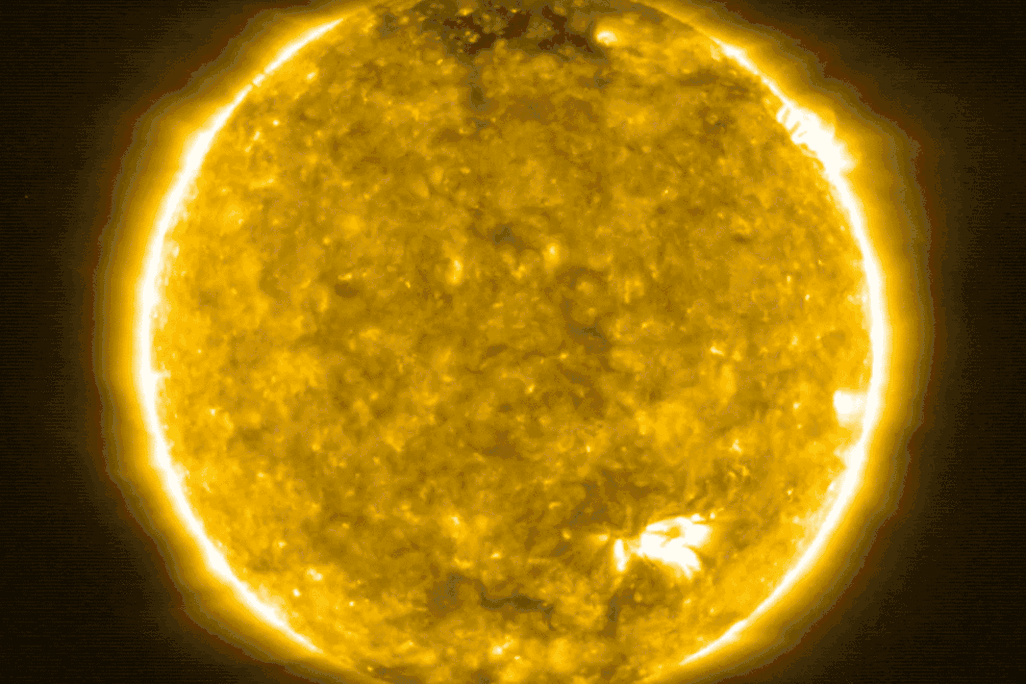 An animated series of images from NASA showing up-close shots of the sun's surface, in swirls of gray and yellow